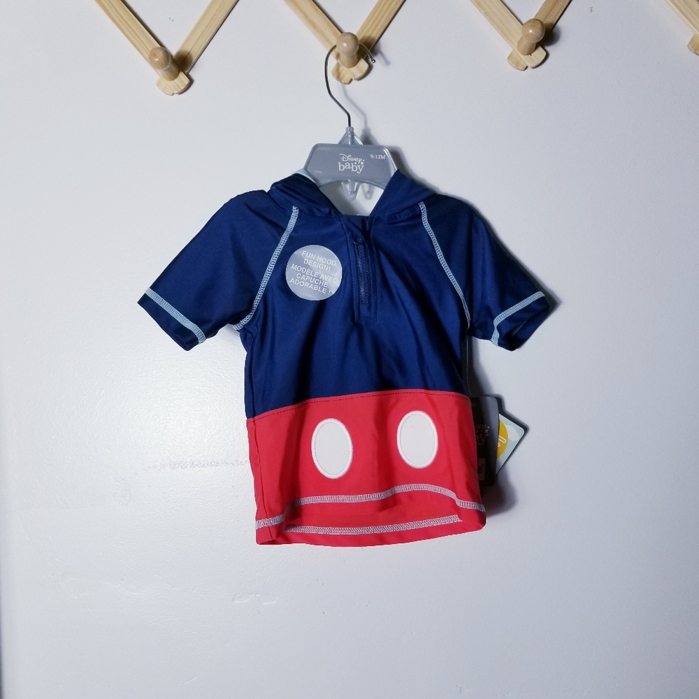 NWT DISNEY BABY MICKEY MOUSE SWIM SHIRT WITH HOOD SIZE 9 TO 12 MONTHS